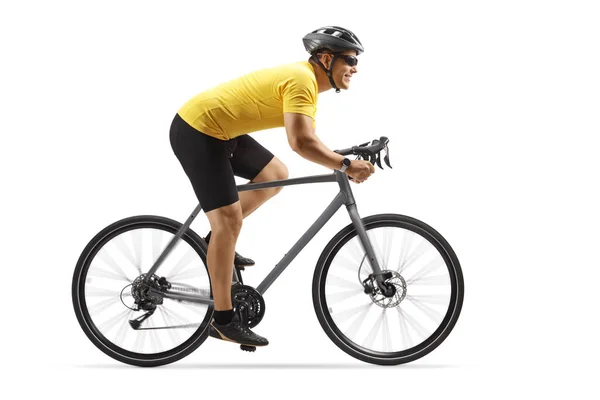 Profilbild Eines Mannes Auf Einem Grauen Rennrad Isoliert Auf Weißem — Stockfoto