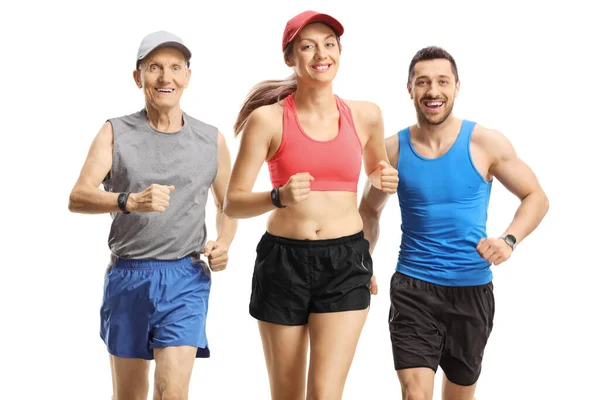 Tres Personas Ropa Deportiva Corriendo Hacia Cámara Aislada Sobre Fondo —  Fotos de Stock