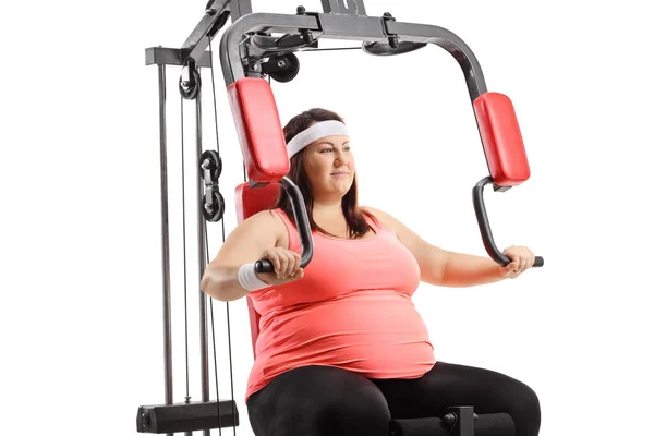 Young Overweight Woman Exercising Fitness Machine Isolated White Background — Stock Photo, Image