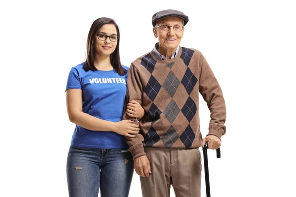 Női Önkéntes Áll Egy Idősebb Férfi Nyugdíjas Egy Sétapálcával Elszigetelt — Stock Fotó