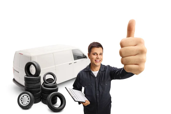 Auto Mechanic Worker White Van Back Showing Thumbs Isolated White — Stock Photo, Image
