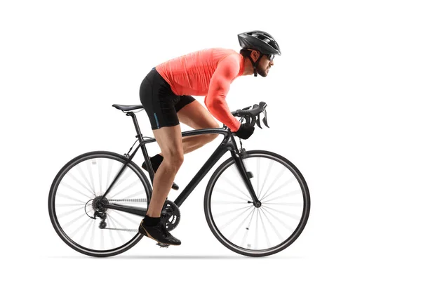 Beyaz Arka Planda Izole Edilmiş Bisiklet Süren Kasklı Güneş Gözlüklü — Stok fotoğraf