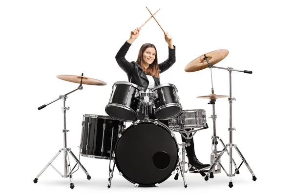 白を基調としたドラムセッションを始める若い女性ドラマー — ストック写真
