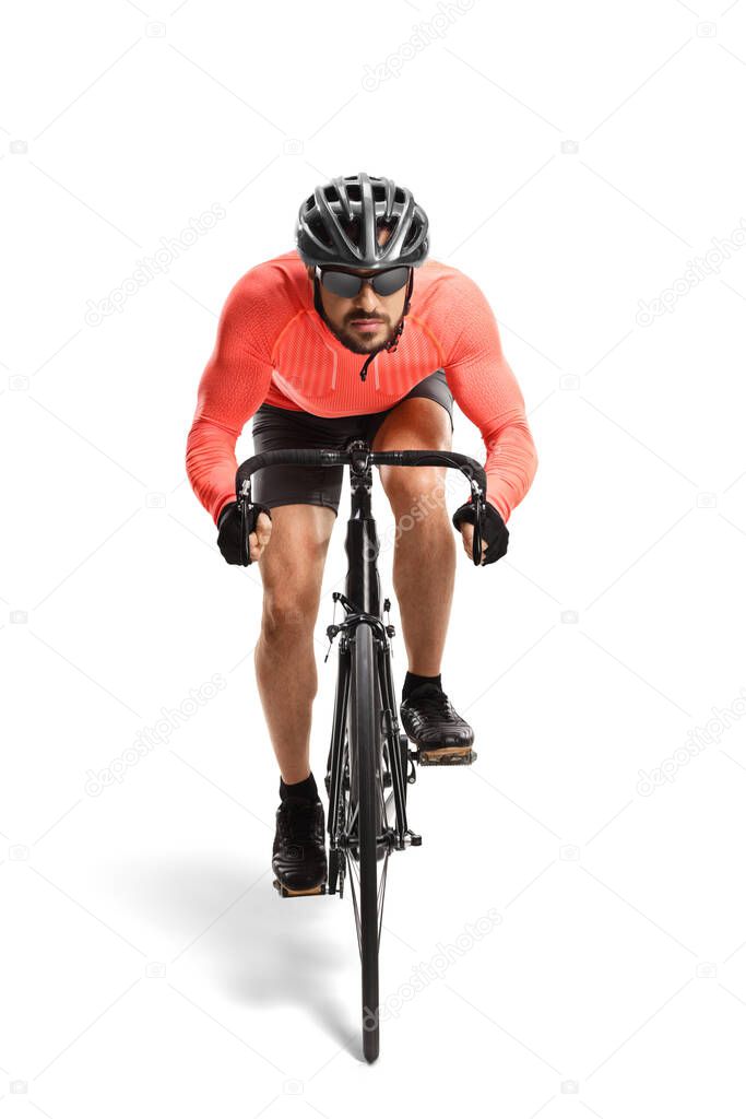 Man with helmet and sunglasses riding a custom road bicycle towards the camera isolated on white background