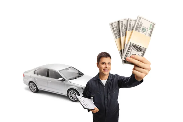 Auto Mechanic Worker Holding Stacks Money Front Silver Car Isolated — Stock Photo, Image