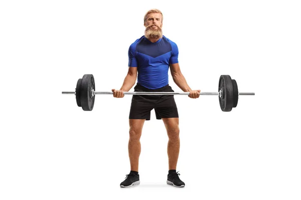 Full Length Portrait Strong Young Man Beard Moustache Lifting Weights — Stock Photo, Image