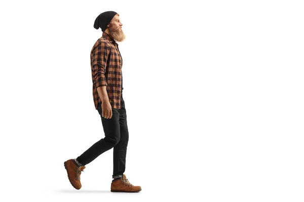 Full Length Profile Shot Hipster Guy Beard Mustache Walking Isolated — Zdjęcie stockowe