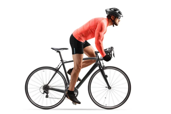 骑自行车的人戴着头盔和太阳镜 骑着自行车从鞍座上滑落 与白色背景隔离 — 图库照片
