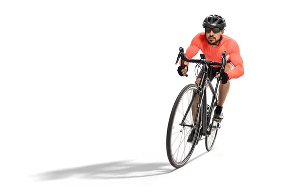 Weitwinkel Seitenaufnahme Eines Radprofis Auf Einem Rennrad Isoliert Auf Weißem — Stockfoto