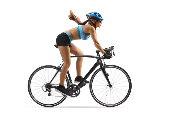Full Length Profile Shot Female Cyclist Riding Bicycle Helmet Isolated — Stock Photo, Image
