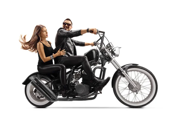 Biker Leather Jacket Riding Young Woman Chopper Motorbike Looking Her — Stock Photo, Image