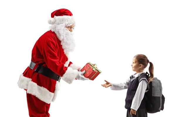Santa Claus Giving Sparkly Present Schoolgirl Isolated White Background — Stock Photo, Image
