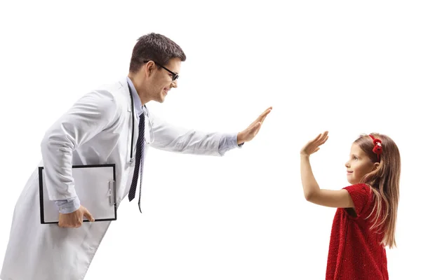 Young Male Doctor Giving High Five Little Girl Isolated White — Stock Photo, Image