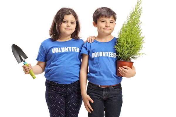 Full Length Portrait Little Boy Girl Volunteers Holding Plant Spade — Stock Photo, Image