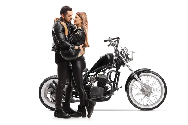 Full Length Shot Bikers Man Woman Embrace Front Chopper Motorbike — Stock Photo, Image