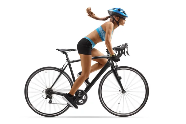 Ganzheitliche Profilaufnahme Einer Frau Sportbekleidung Auf Einem Fahrrad Mit Helm — Stockfoto
