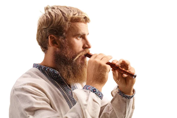 Primer Plano Joven Tocando Una Flauta Madera Aislada Sobre Fondo —  Fotos de Stock