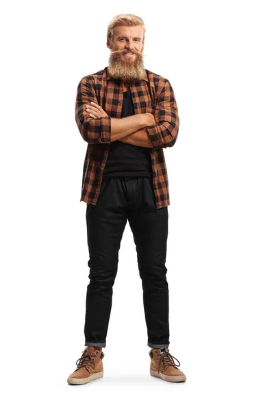 Full Length Portrait Blond Bearded Man Mustache Wearing Checkered Shirt — Stock Photo, Image