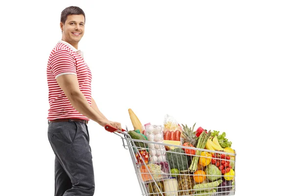 Man Shopping Cart Smiling Camera Isolated White Background — Stock Photo, Image