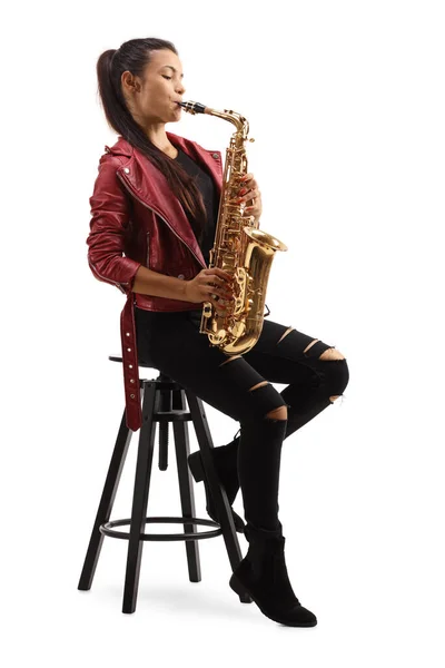 Full Length Portrait Young Female Red Leather Jacket Playing Saxophone — Stock Photo, Image