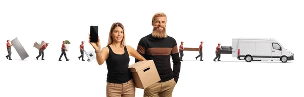 Bearded Young Man Woman Cardboard Box Mobile Phone Movers Van — Stock Photo, Image