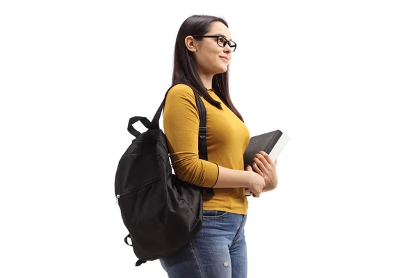 Vrouwelijke Student Met Bril Met Boeken Geïsoleerd Witte Achtergrond — Stockfoto