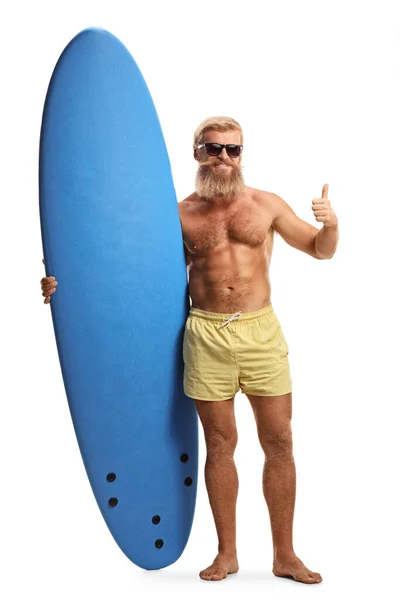 Full Length Portrait Bearded Surfer Surfboard Showing Thumbs Isolated White — Stock Photo, Image