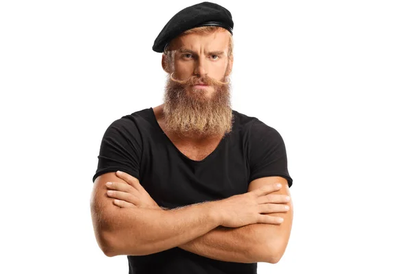 Ernstige Jongeman Met Blonde Baard Mosutaches Met Een Zwarte Baret — Stockfoto