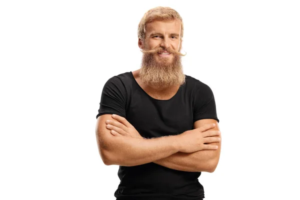 Hombre Barbudo Con Más Dolores Sonriendo Posando Con Brazos Cruzados —  Fotos de Stock