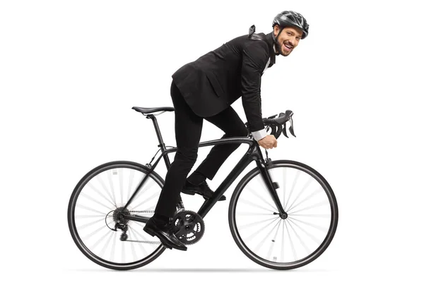 Perfil Hombre Traje Montando Bicicleta Para Trabajar Aislado Sobre Fondo —  Fotos de Stock