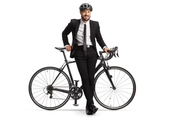 Empresario Con Casco Apoyado Una Bicicleta Aislada Sobre Fondo Blanco —  Fotos de Stock