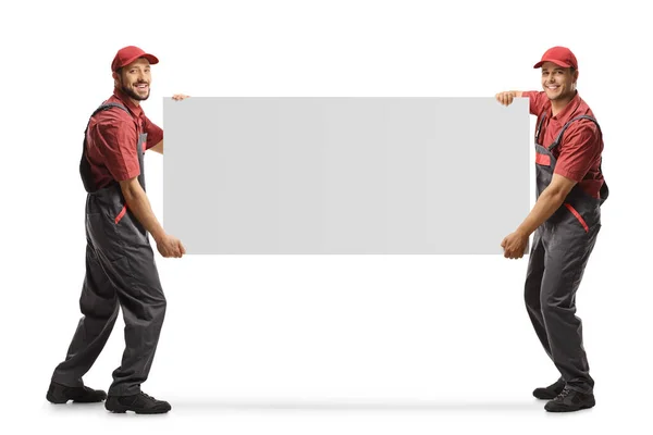 Full Length Shot Two Workers Uniforms Carrying Blank Panel Board — Stock Photo, Image
