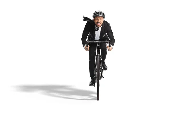 Jeune Homme Affaires Costume Roulant Vélo Vers Caméra Isolée Sur — Photo
