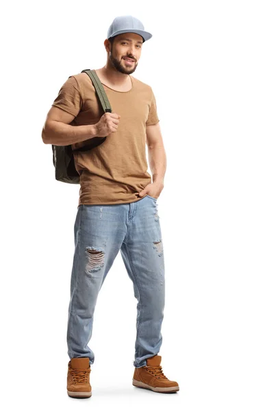 Full Length Portrait Guy Cap Carrying Backpack Isolated White Background — Stock Photo, Image