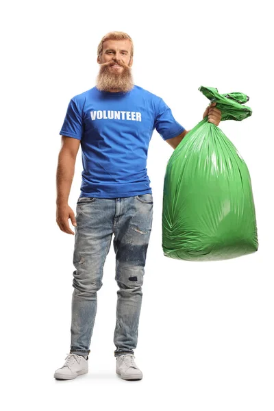 Pełna Długość Portret Samca Ochotnika Trzymającego Zieloną Plastikową Torbę Odpady — Zdjęcie stockowe