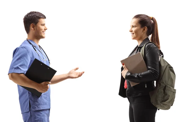 Doctor Blue Uniform Talking Young Female Patient Isolated White Background — Stock Photo, Image