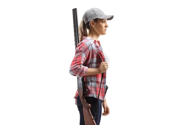 Young Woman Standing Holding Rifle Shoulder Isolated White Background — Stock Photo, Image