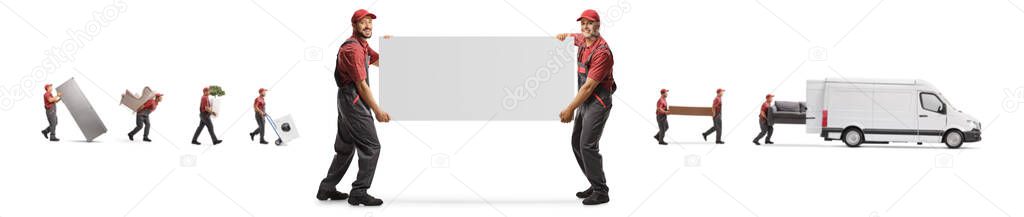 Movers carrying blank panel and putting household items in a white van isolated on white background