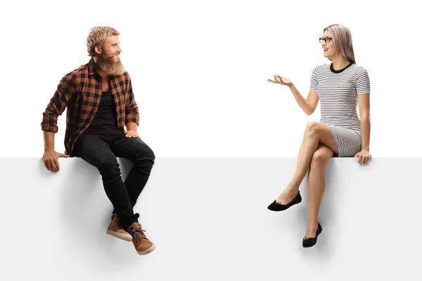 Bearded Guy Sitting White Panel Listening Young Woman Talking Isolated — Stock Photo, Image