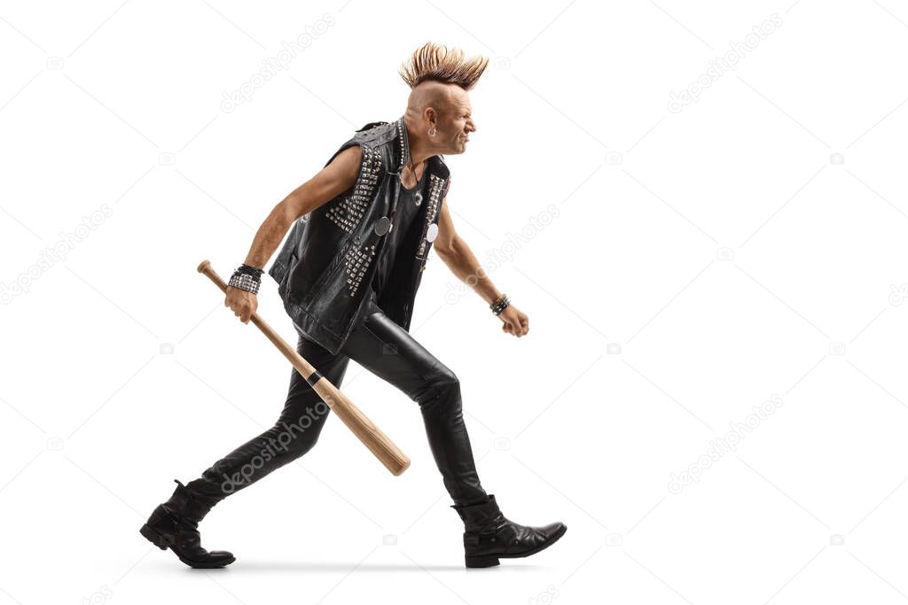 Angry punk rocker with a mohawk running with a baseball bat isolated on white background