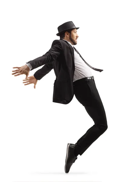 Foto Perfil Completo Hombre Traje Sombrero Bailando Puntillas Aisladas Sobre —  Fotos de Stock