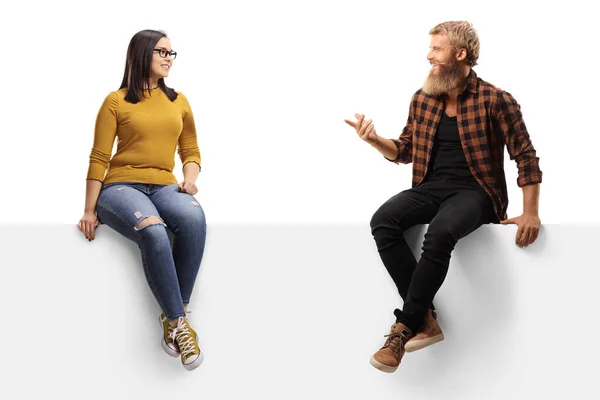 Bearded Guy Laughing Talking Young Female Seated Panel Isolated White — Stock Photo, Image