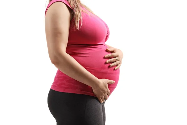 Zwangere Vrouw Houdt Haar Buik Geïsoleerd Witte Achtergrond — Stockfoto