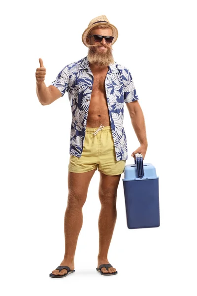 Full Length Portrait Bearded Young Man Swimming Shorts Holding Portable — Stock Photo, Image