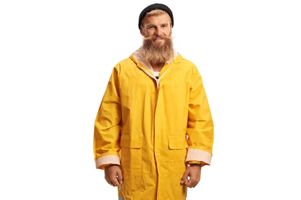 Pescador Barbudo Con Una Capa Lluvia Amarilla Sonriendo Aislado Sobre — Foto de Stock
