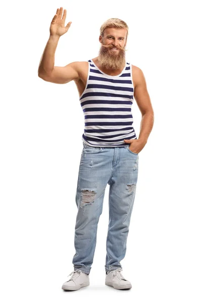 Full Length Portrait Blond Guy Beard Mustache Wearing Striped Vest — Stock Photo, Image