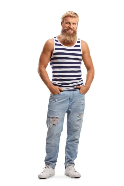 Portrait Complet Homme Barbu Blond Portant Gilet Rayé Jean Isolé — Photo