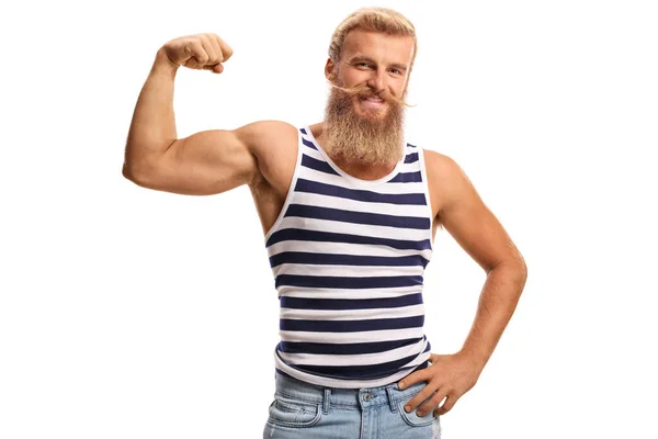 Jovem Barbudo Vestindo Colete Listrado Flexionando Músculo Bíceps Isolado Fundo — Fotografia de Stock