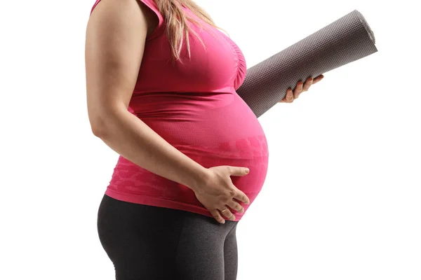 Zwangere Vrouw Een Roze Top Met Een Oefening Mat Geïsoleerd — Stockfoto