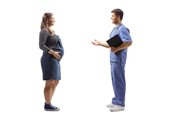 Full Length Profile Shot Doctor Blue Uniform Talking Pregnant Woman — Stock Photo, Image